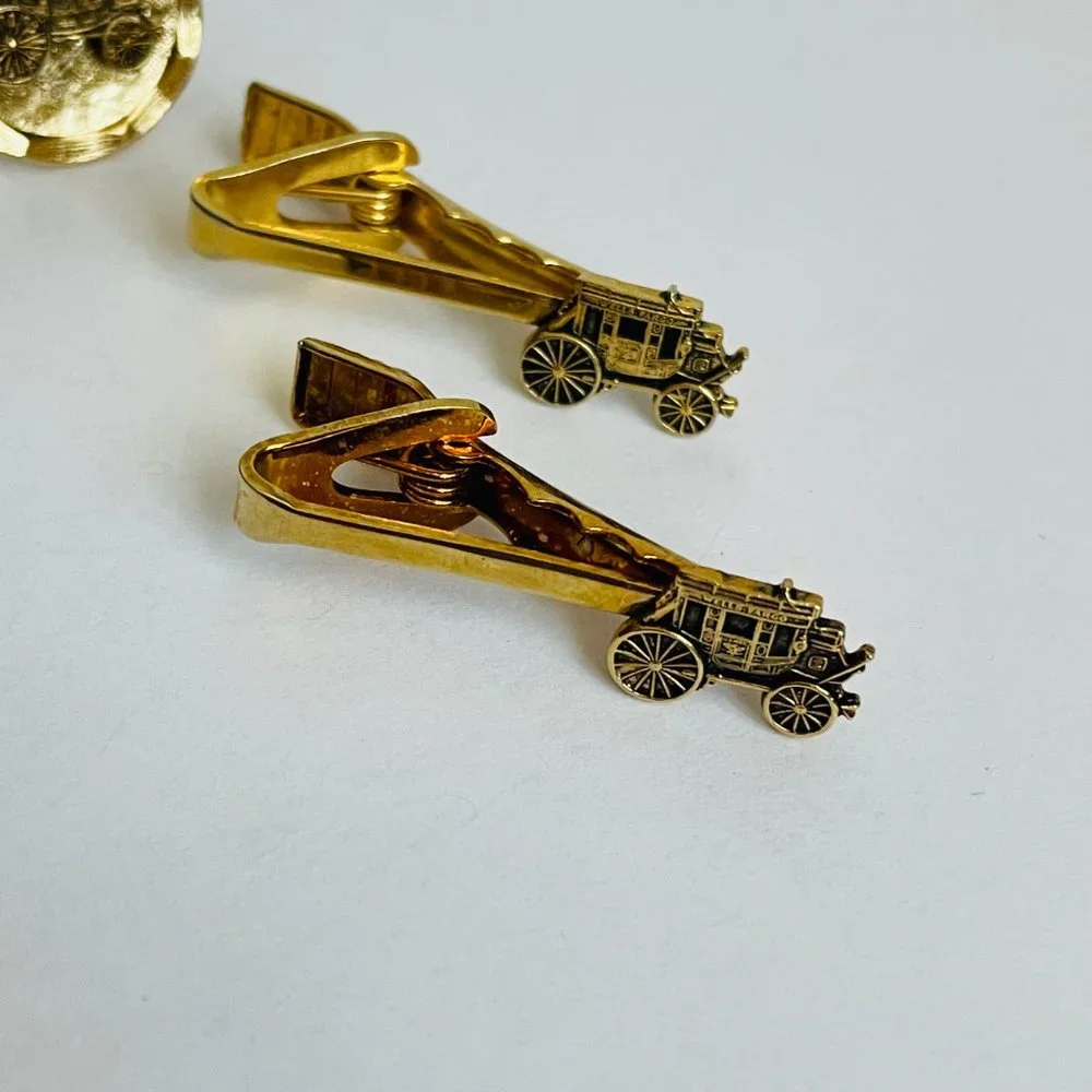 Vintage Wells Fargo Stagecoach Carriage Gold Plated Cufflinks Tie Clips Set of 6
